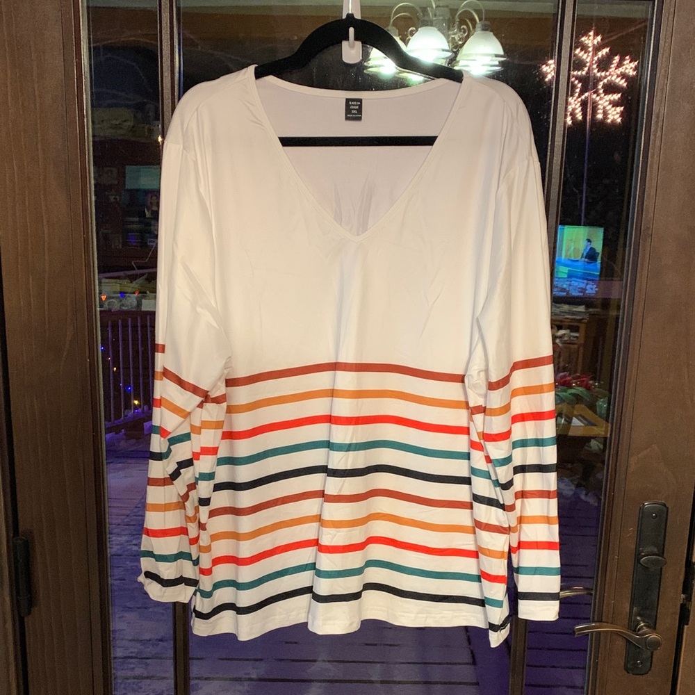 SHEIN White Long Sleeve Top with Multicolor Stripes